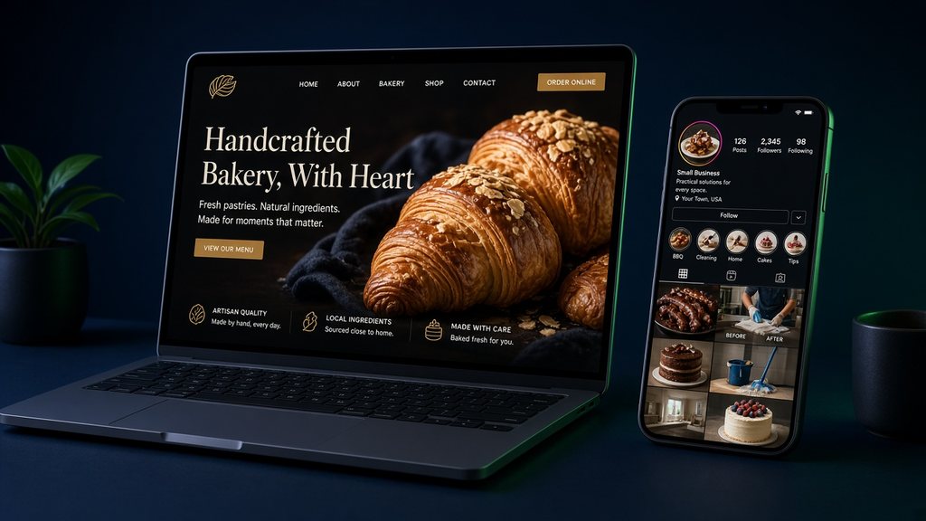 Sample small business website on a laptop and a matching Instagram business page on a phone